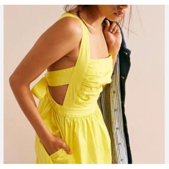 Free People Free-est Meet Me In Maui Mini Dress Ruched Cotton Yellow L 283049 - Picture 3 of 8